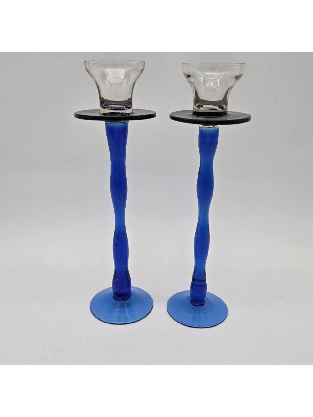 Pair Of Art Glass Candle Holders Multi Colors Twisted Stem Handmade 9.5"